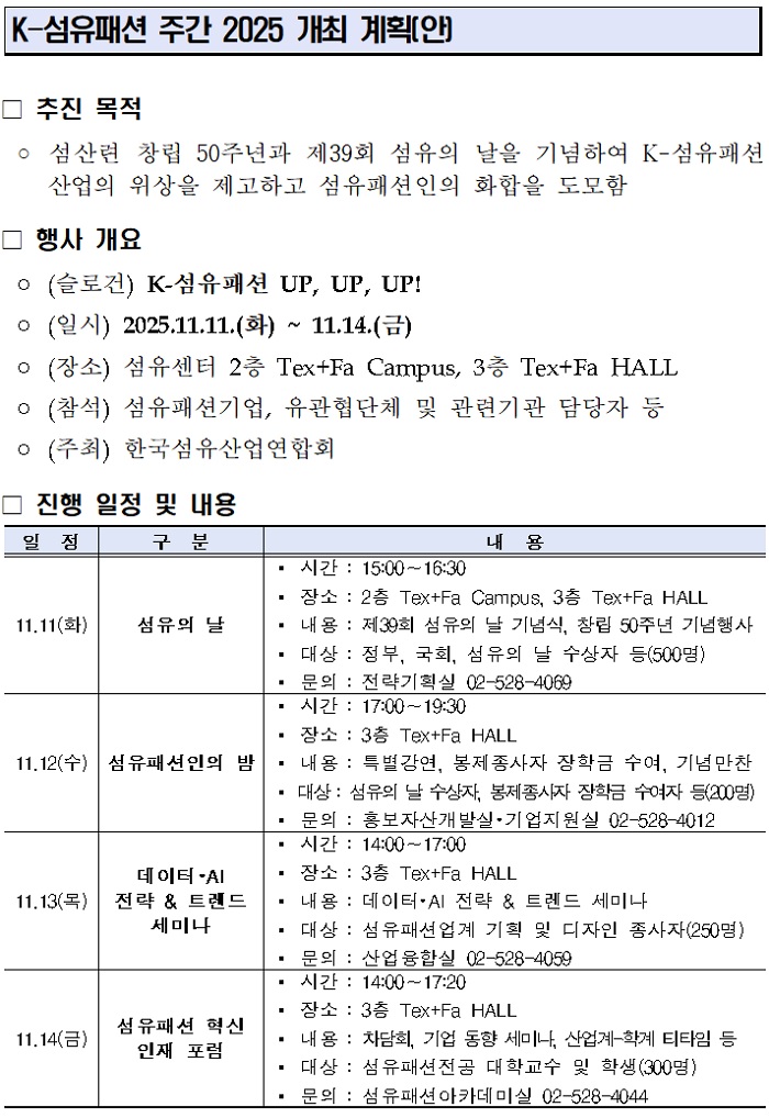섬산련, 11월 11일부터 4일간 ‘K-섬유·패션 주간 2025’ 개최 1833-Image